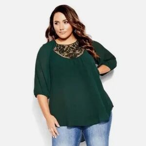 City Chic Womens Jade Green Lace Love Tunic Top L /20 Crochet Flowy Boho